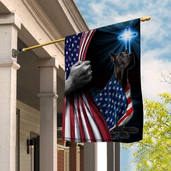 Hand Pulling USA Flag Great Dane Dog Wearing Flag American Standing under Cross Christian Patriotic House Flag (3x5) Double Sided- Premium Polyester-Decorative Indoor Outdoor Flag