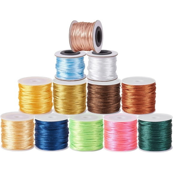 12 Rolls 131 Yards 2MM Macrame Rattail Satin Cords Chinese Knot Making Silk Trim Thread Round Nylon String Threads for Beading Jewelry Making Macrame and Sewing