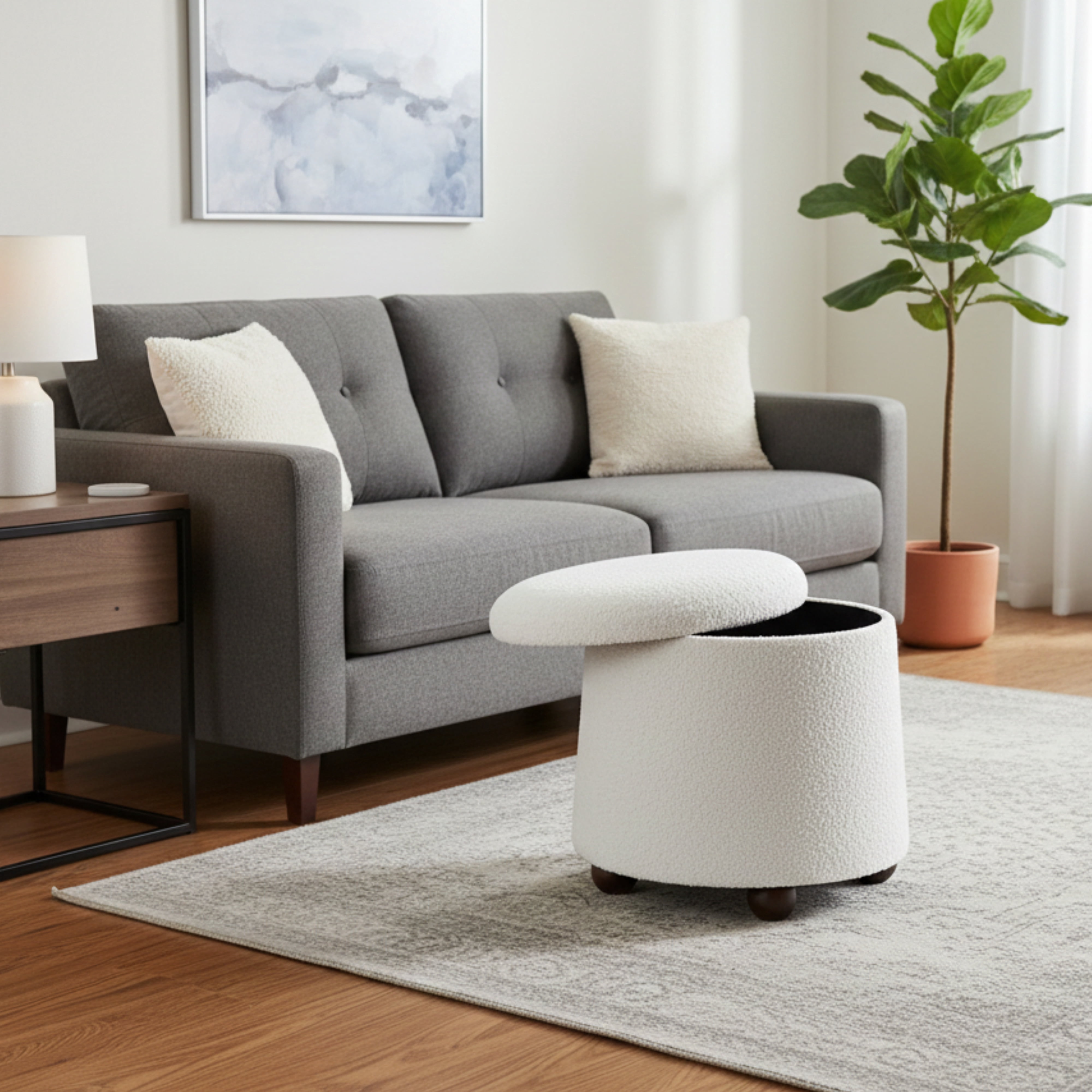 Aria Home Modern Fabric Mushroom Storage Ottoman Footrest Accent Seat Living Room, Cream