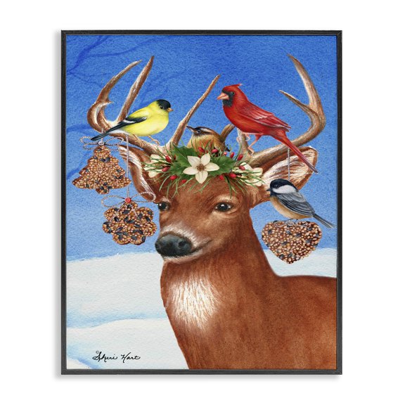 Stupell Industries Farmhouse Reindeer Antler Ornaments with Birds Black Framed Giclee Art, 11 x 14, by Sheri Hart