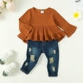 thumbnail image 3 of 2T Baby Girls Clothes 3T Girls 2PCS Fall Winter Outfits Set Solid Color Toddler Girls Long Sleeve Irregular Top Denim Pants Set Brown, 3 of 9