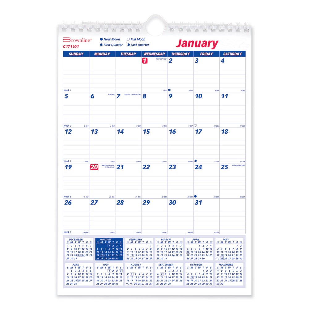 Brownline One Month Per Page Twin Wirebound Wall Calendar, 8 x 11, 2021 ...