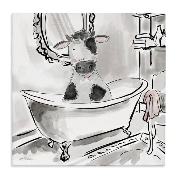 Stupell Industries Minimal Bathtub Cow Animals Painting Wrapped Canvas Canvas Art Print Wall Art, 17 x 17