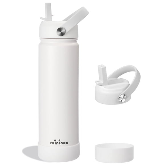 Mininoo 24 oz Insulated Stainless Steel Water Bottle with Straw Lid, Ceramic-Lined, BPA-Free, White
