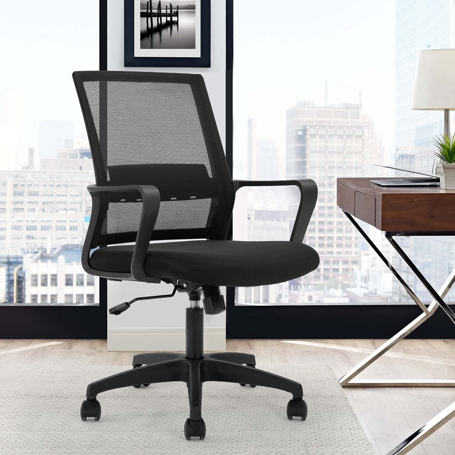 FDW Ergonomic Mesh Office Chair - Adjustable Mid-Back Computer Desk Chair with Lumbar Support, Black