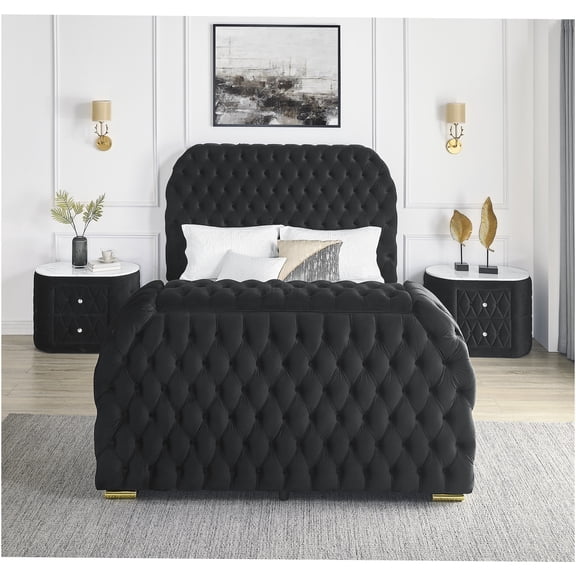 JERFIT Modern King Bed Set with Electric Fireplace & TV Lift, Black Velvet Upholstered Headboard, 3pc Bedroom Furniture with Nightstands