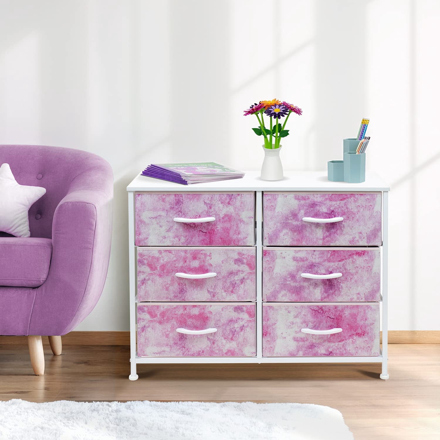 Sorbus Dresser with 6 Drawers - Furniture Storage Chest Tower Unit for Bedroom, Hallway, Closet, Office Organization - Steel Frame, Wood Top, Tie-dye Fabric Bins (6-Drawer, Pink)