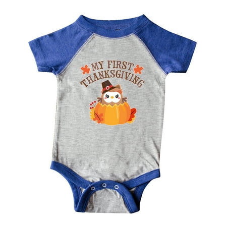

Inktastic My 1st Thanksgiving Cute Owl in Pumpkin Gift Baby Boy or Baby Girl Bodysuit
