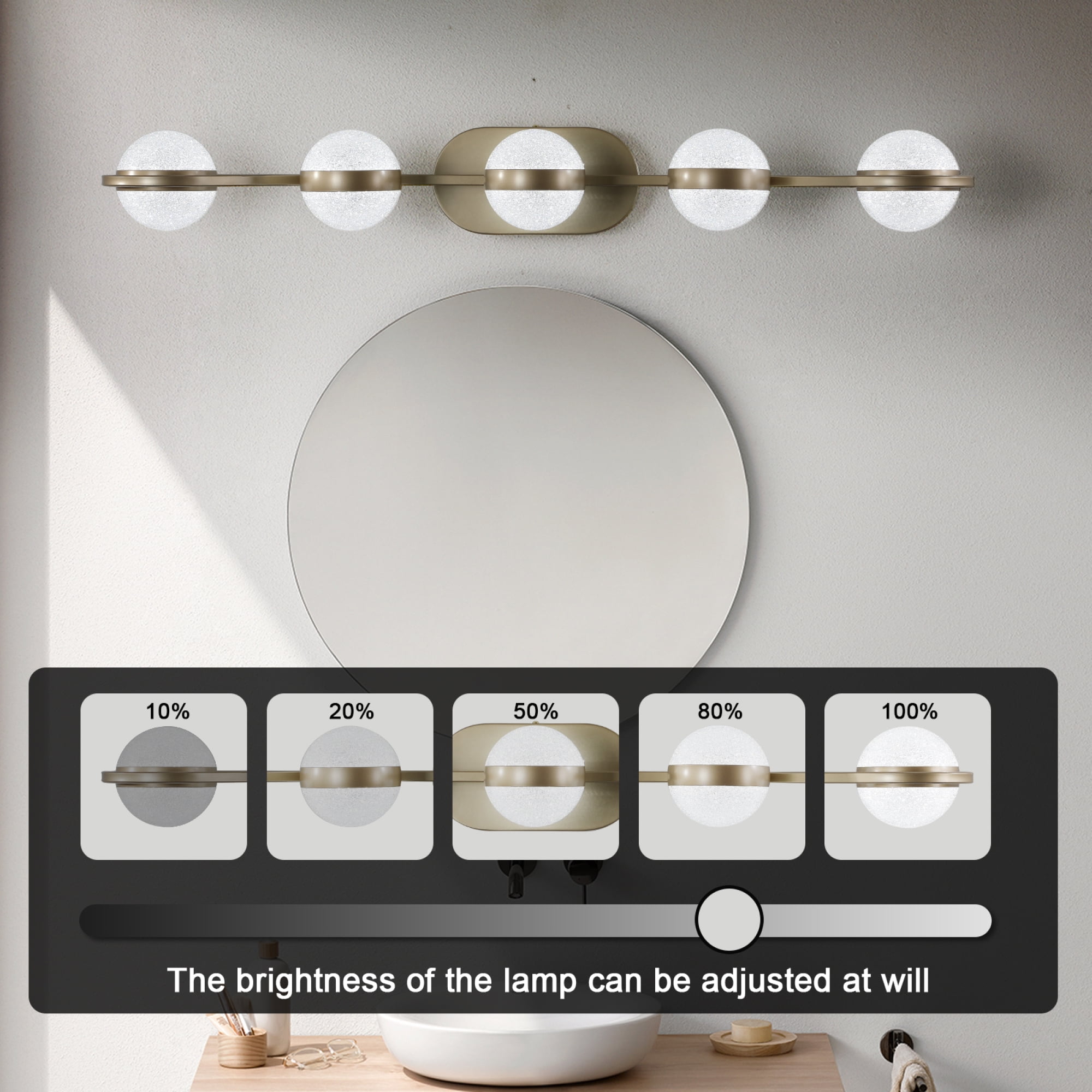 Jopath Bathroom Vanity Light, 5-Light Crystal Sand Acrylic Shades, Wall Mounted Decorative Lighting Fixture for Bathroom Vanity Mirror (Champagne Gold)