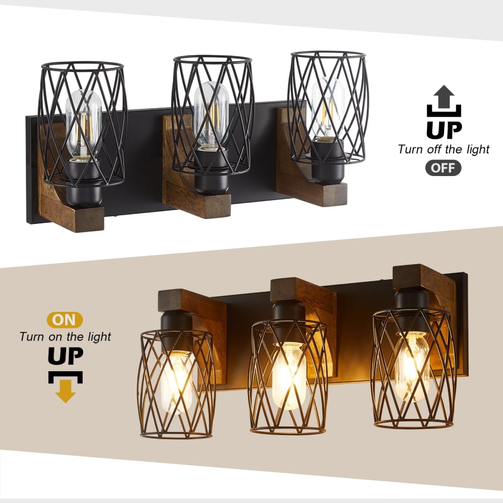 3-Light Wall Sconce, Black Metal Cage Fixture, Vintage Industrial Style for Bathroom/Hallway/Living Room, Bulbs Not Included
