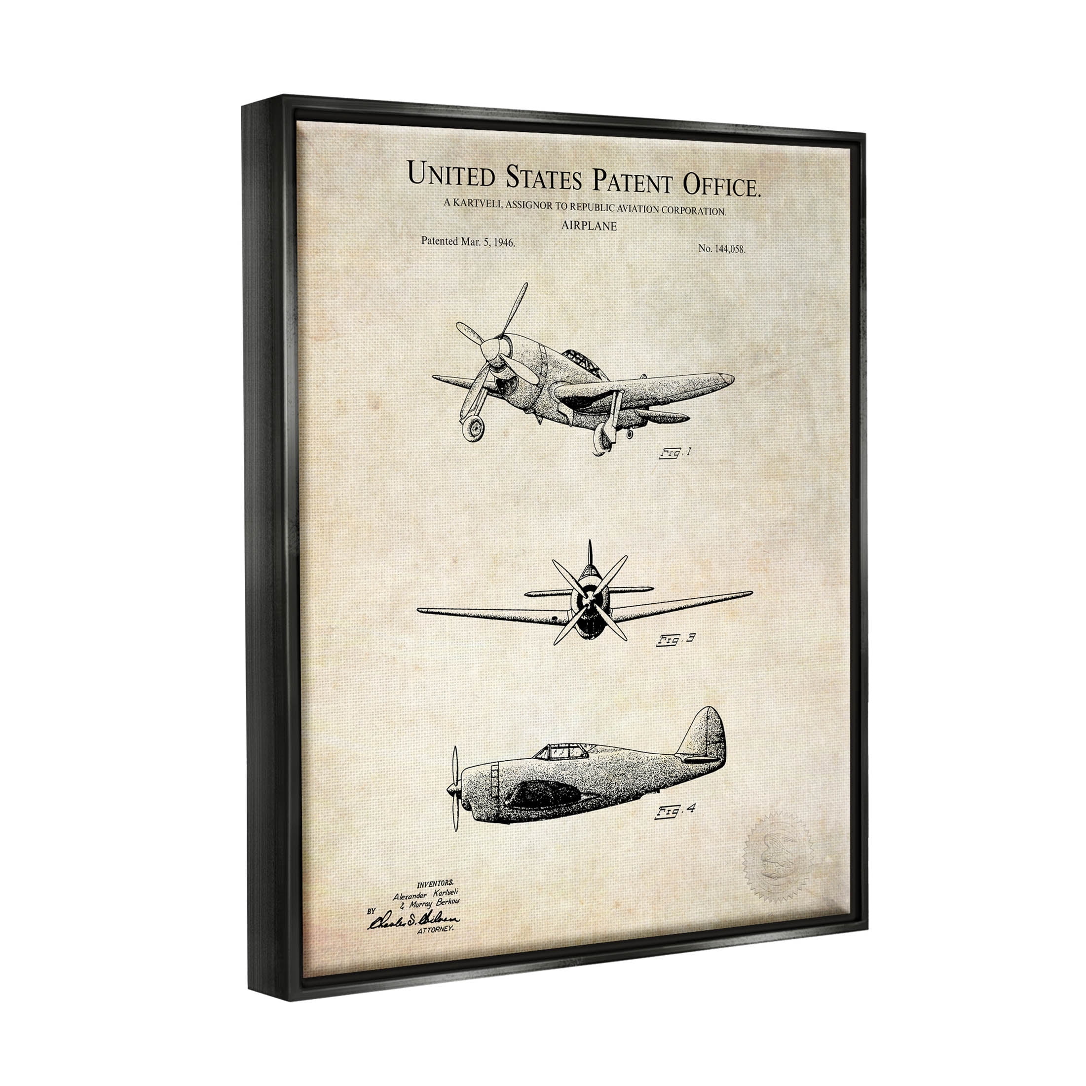 Stupell Industries Historic Aircraft Patent Vintage Graphic Art Jet Black Floating Framed Canvas Print Wall Art, Design by Karl Hronek