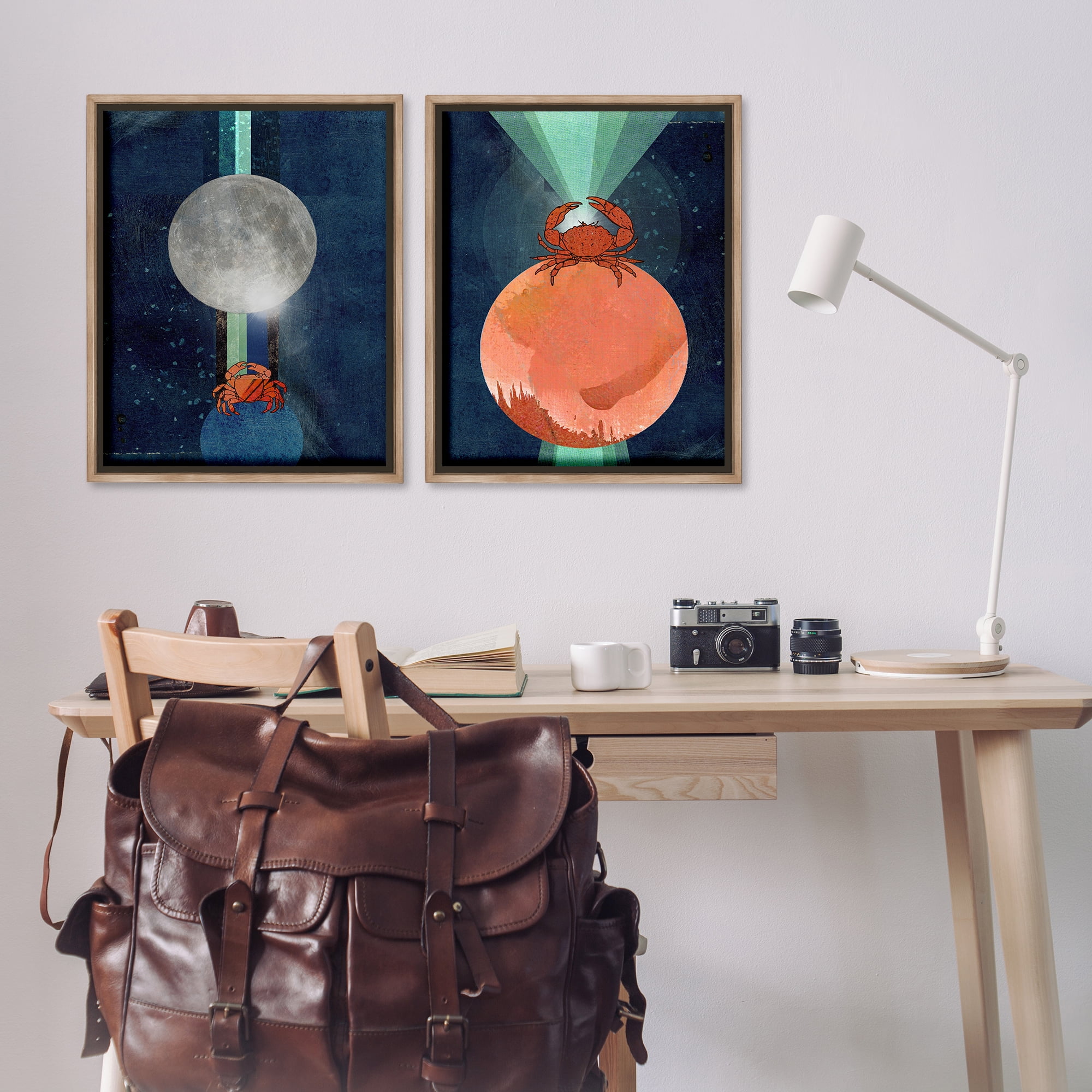Stupell Industries Crab Orbs Light Rays Nautical & Beach Painting Brown Floater Framed Canvas Art Print Wall Art, 31 x 25, Set of 2