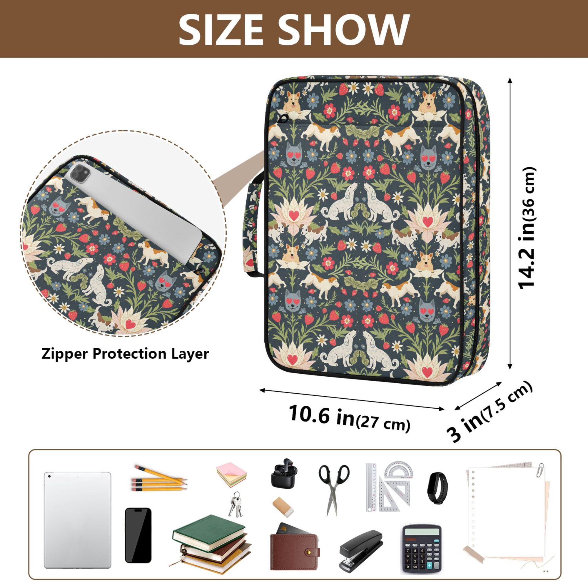 FORMRS Accordion File Folder A4 Size 7-Pocket Expanding Document Organizer Bag with 3 Ring Binder, Floral Dogs Pattern