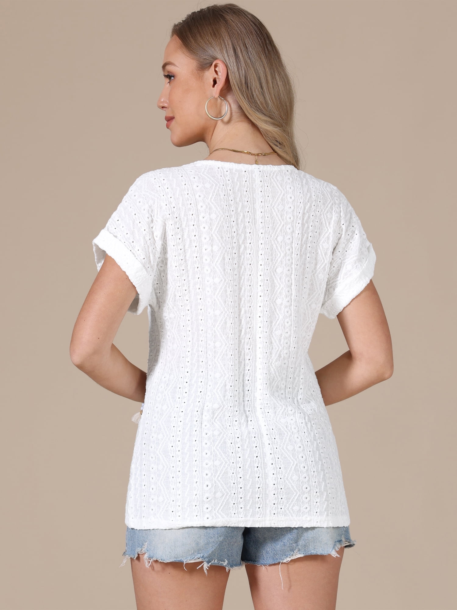 DARING DIVA Women's Short Sleeve Hollow Out Casual Eyelet Tops M White