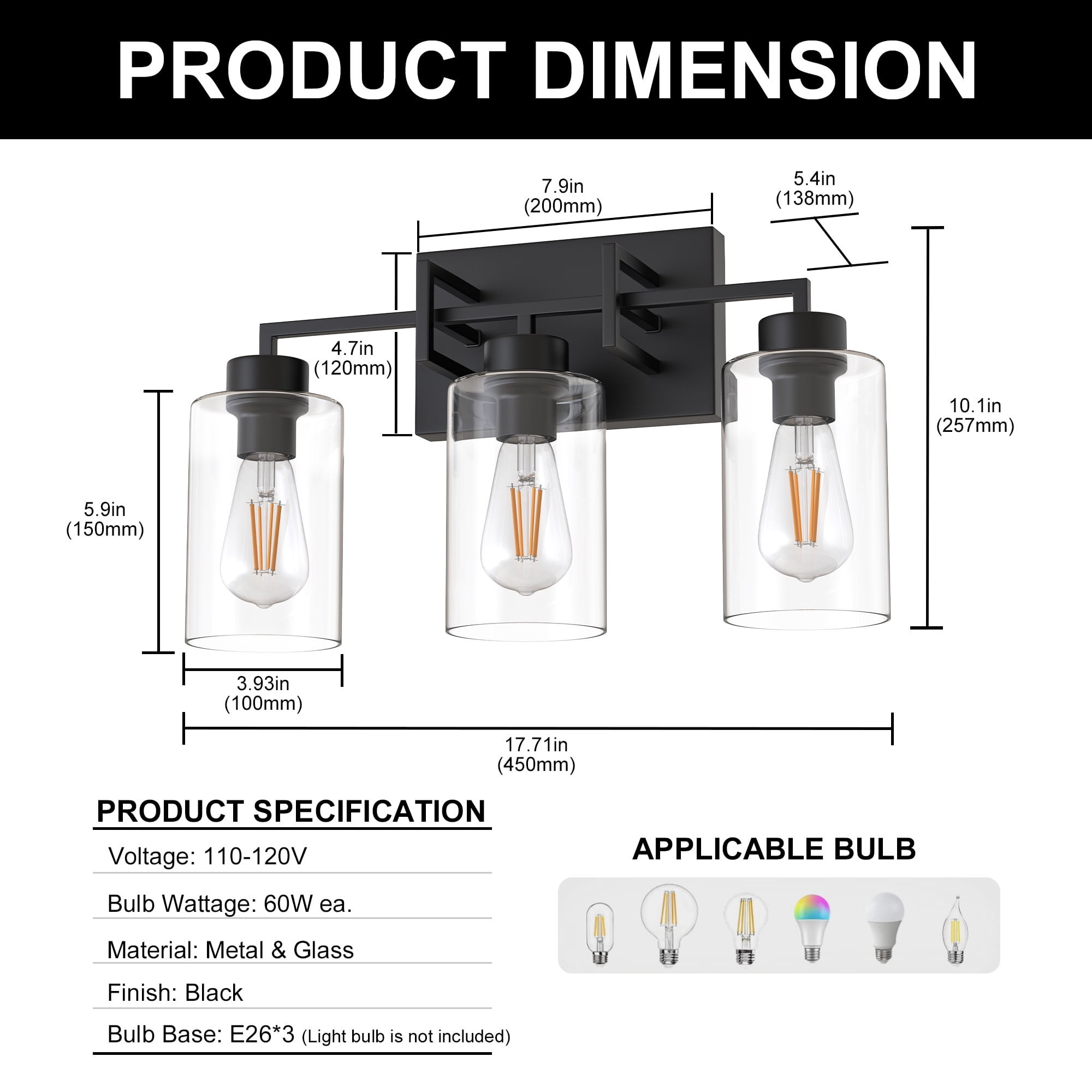 YANSUN 17.71 in 3-Light Black Farmhouse Bathroom Vanity Light with Glass Shades, Vanity Lights for Living Room Bedroom Hallway, E26 Bulb Base