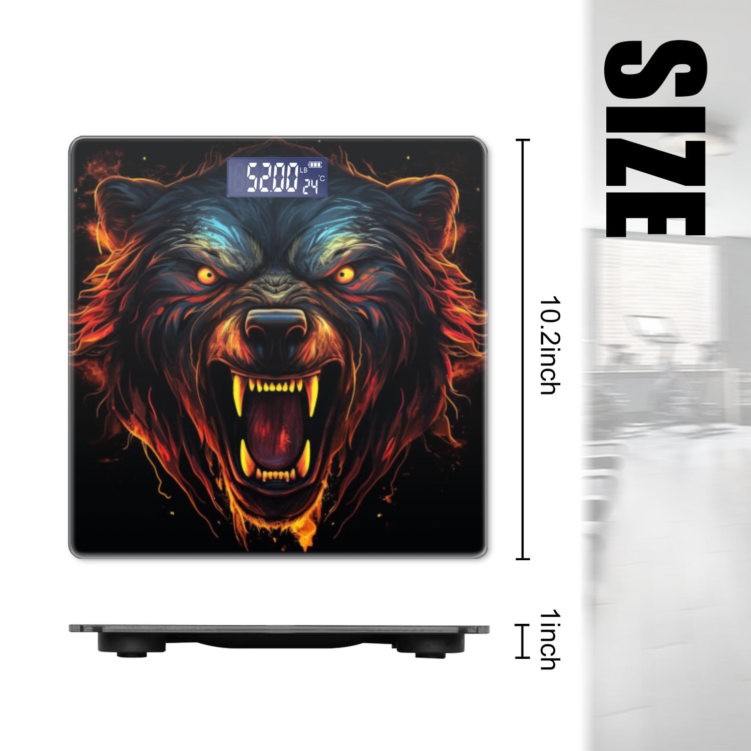 Bathroom Scale, Highly Accurate Digital Body Scale,Precisely Measures Weight up to 400 lbs-Fierce Bear Head With Glowing Eyes And Sharp Teeth