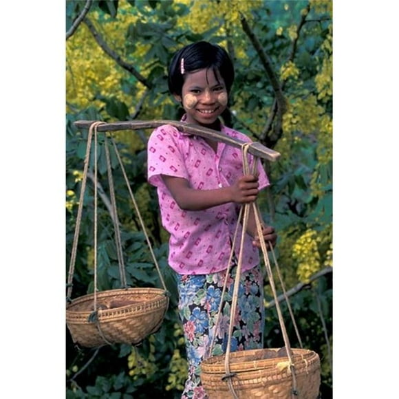 Danita Delimont PDDAS06KSU0052B Girl with Painted Face Carrying Basket On Shoulder Pole Myanmar Poster Print by Keren Su&#44; 12 x 17