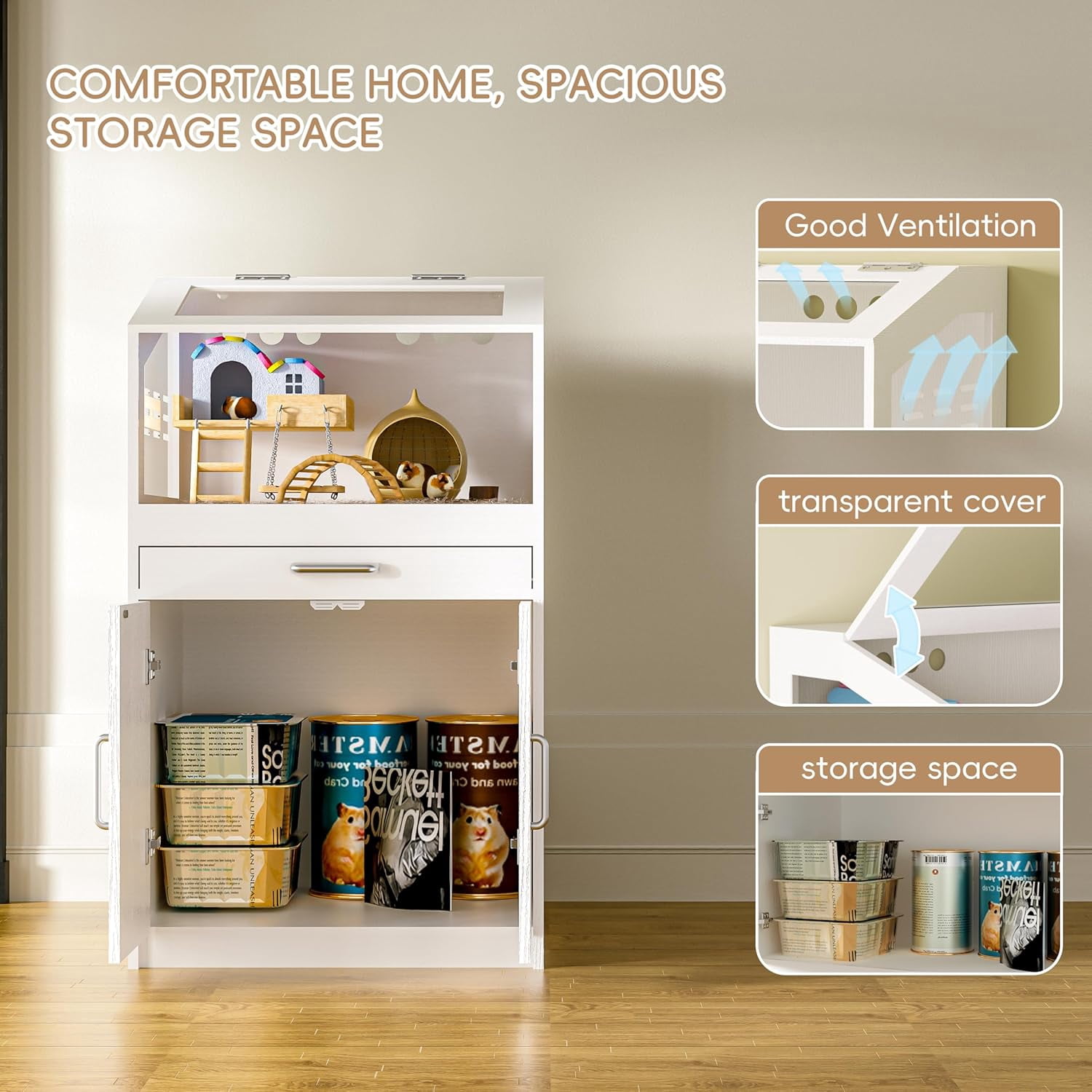 Betterhood Hamster Cage with Storage Cabinet,Hamster Cag for Small Animals, Large Hamster Cage and Habitat with Easy View Acrylic Panels for Hamster, Rabbit, Hedgehog (24"x19"x40")