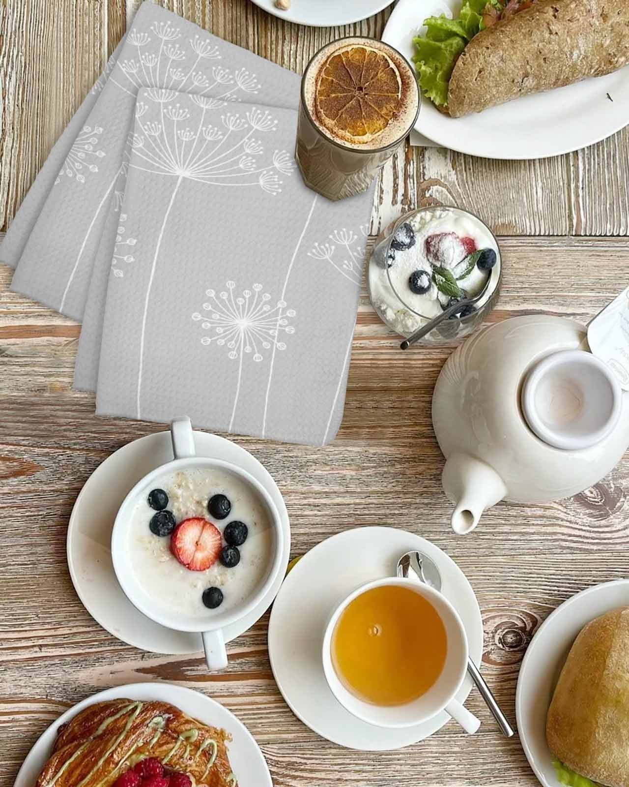Grey Dandelion Kitchen Dish Towels for Drying Dishes Set of 3, Spring Modern Minimalist Country Flower Waffle Weave Microfiber Hand Tea Bathroom Towels Quick Dry & Absorbent Towel 15.7x23.6