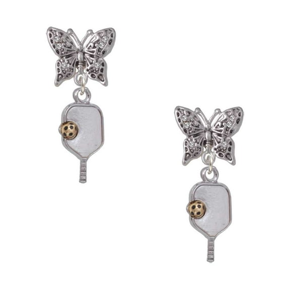 Delight Jewelry Two Tone Pickleball Paddle Silvertone Antiqued Butterfly Post Earrings