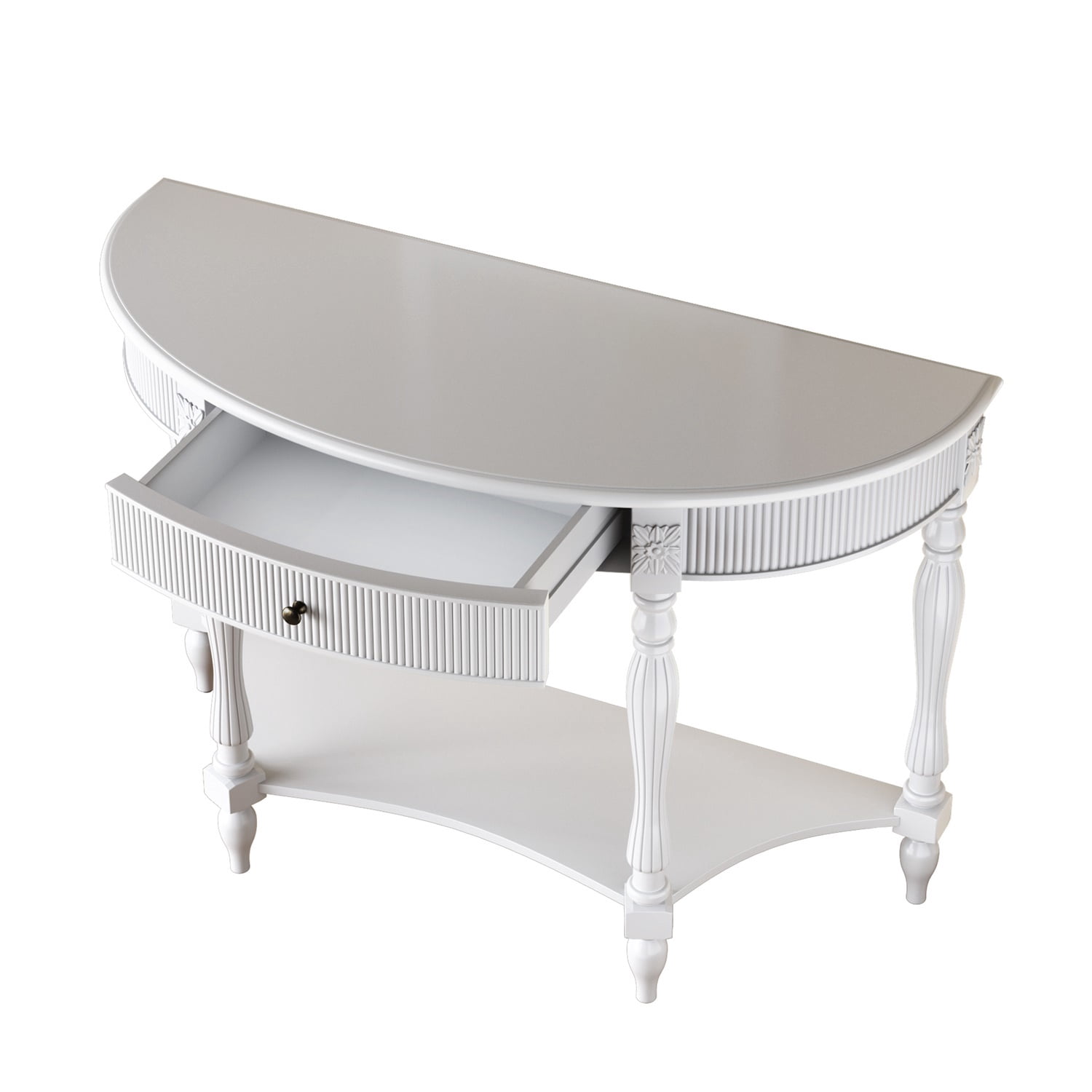 Hommoo Solid Wood Half Moon Console Table with Drawer & Open Shelf, Vintage Fluted Entryway Table for Hallway, Foyer, Living Room, Sofa Table with Roman Column Carved Legs, White