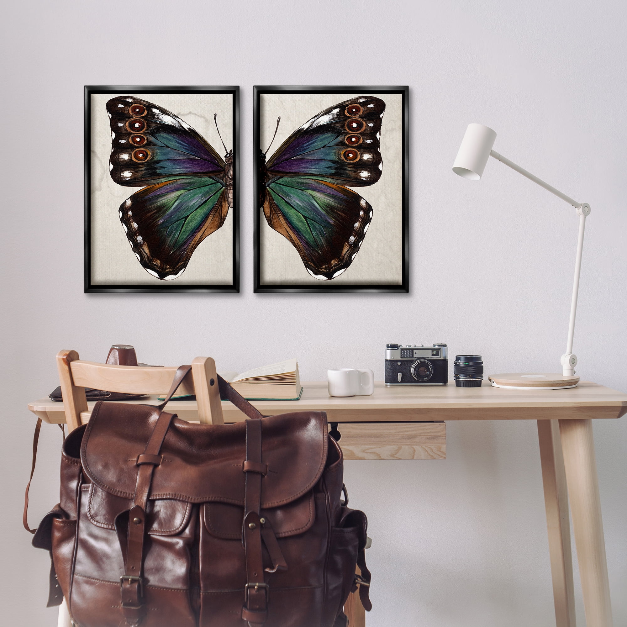 Stupell Industries Colorful Purple Green Butterfly Animals Painting Black Floater Framed Canvas Art Print Wall Art, 17 x 25, Set of 2