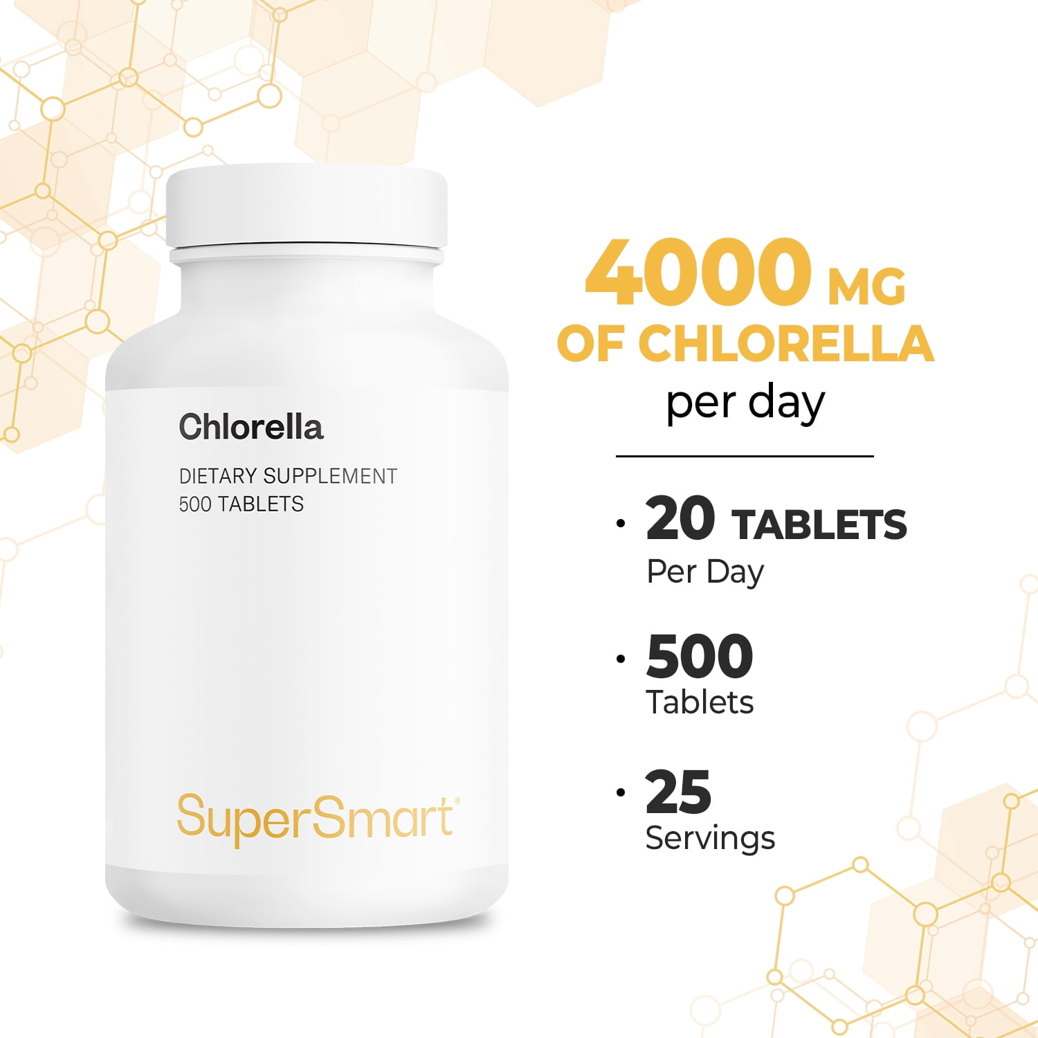 SuperSmart Chlorella Supplement 4 g per Day (Easy-to-Take) - Rich in Vitamin B2, B9, B12 & Iron - High Chlorophyll Concentration | Non-GMO & Gluten Free - 500 Tablets