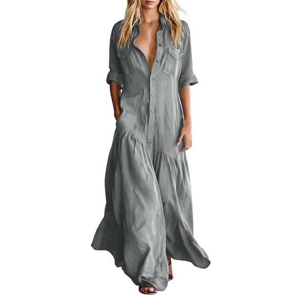 Lnmiateer Vintage Collared Long Sleeve Maxi Dress Ladies Loose Fit Front Split Hem Side Pockets Soft Casual Dress Autumn Winter Travel Outdoor Outfit