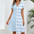 thumbnail image 2 of A Line Casual Dress Women Plaid Print Short Sleeve Turn Down Collar Relaxed Fit Midi Dress Light Blue M, 2 of 5