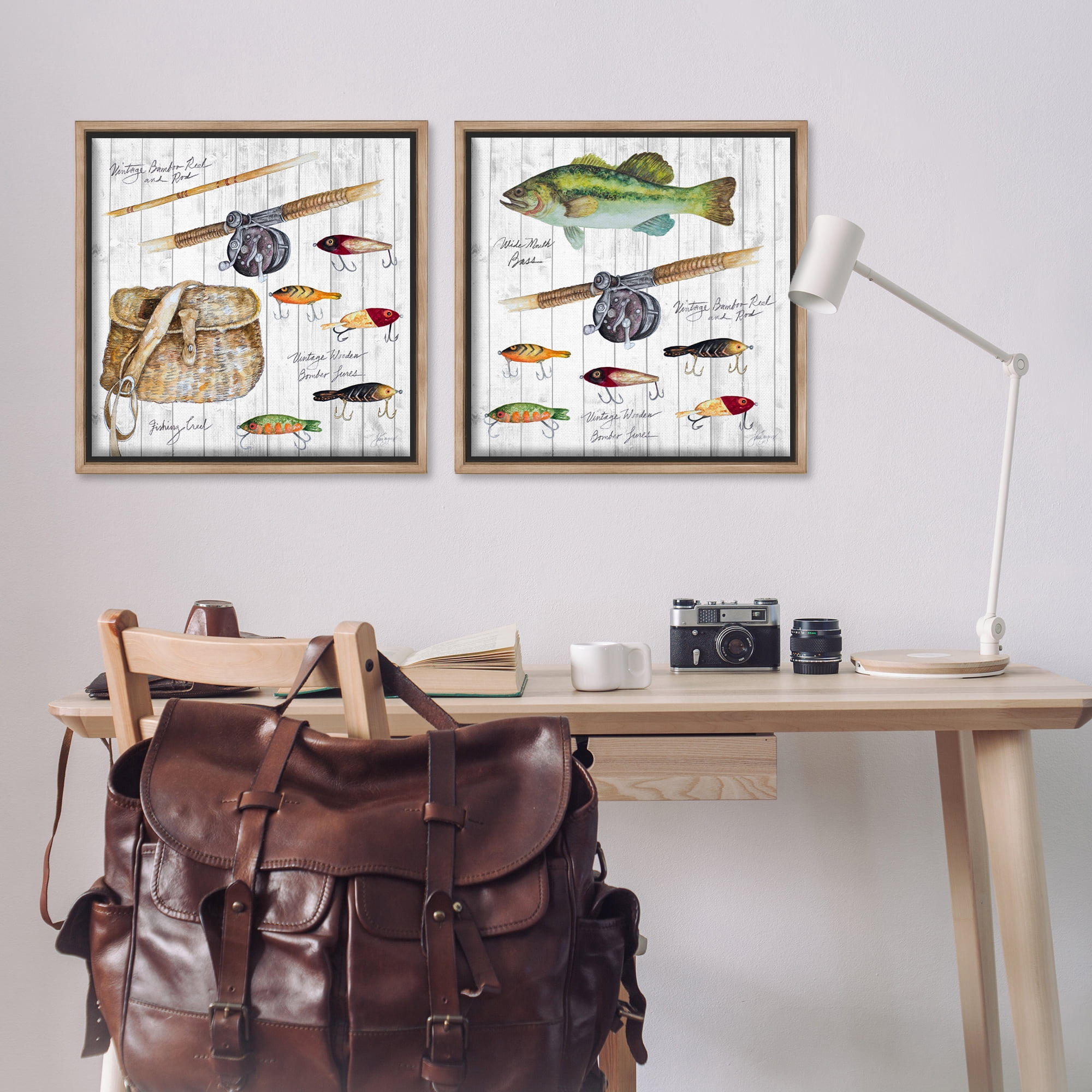 Stupell Industries Vintage Fishing Gear Sports Painting Brown Floater Framed Canvas Art Print Wall Art, 25 x 25, Set of 2