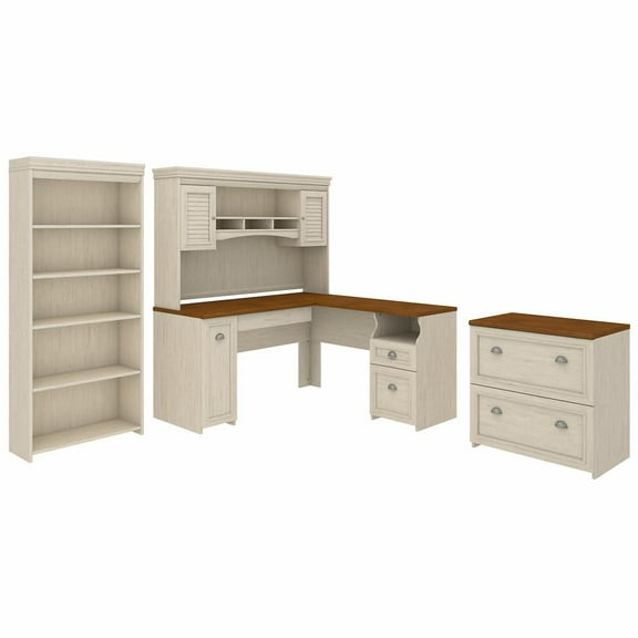 Fairview L Shaped Desk 4 Pc Set with Storage in Antique White - Engineered Wood