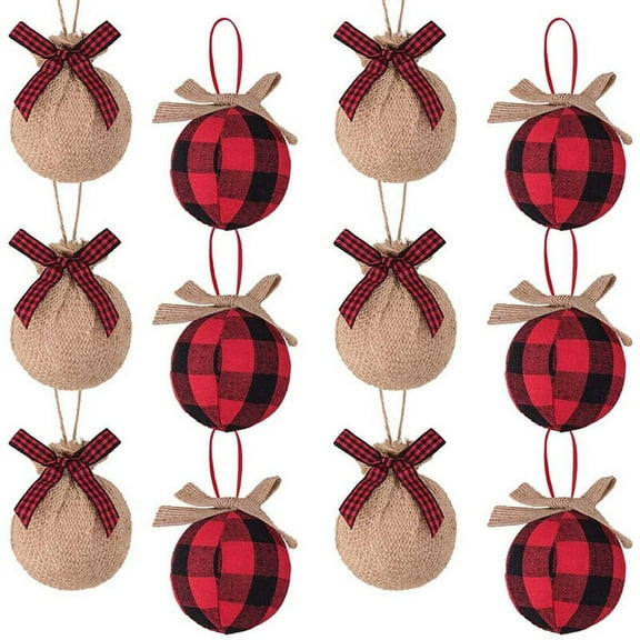 Christmas Tree Ornaments, 12 Pcs 2-1/2 Inches Red Black Check Stitching Burlap Christmas