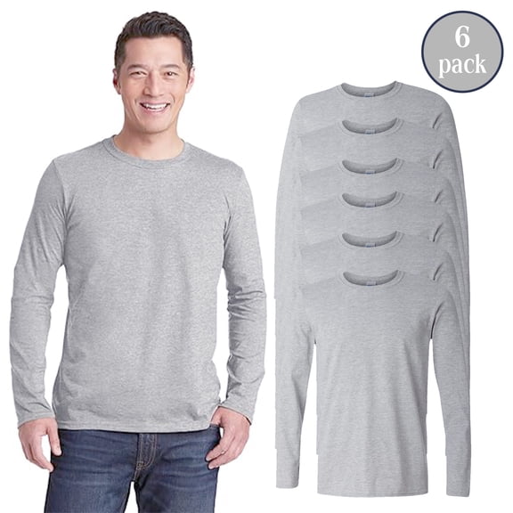 Gildan Softstyle Long Sleeve T-Shirt, Men Crewneck Modern Classic Fit Tee, Sport Grey, 6-Pack, S