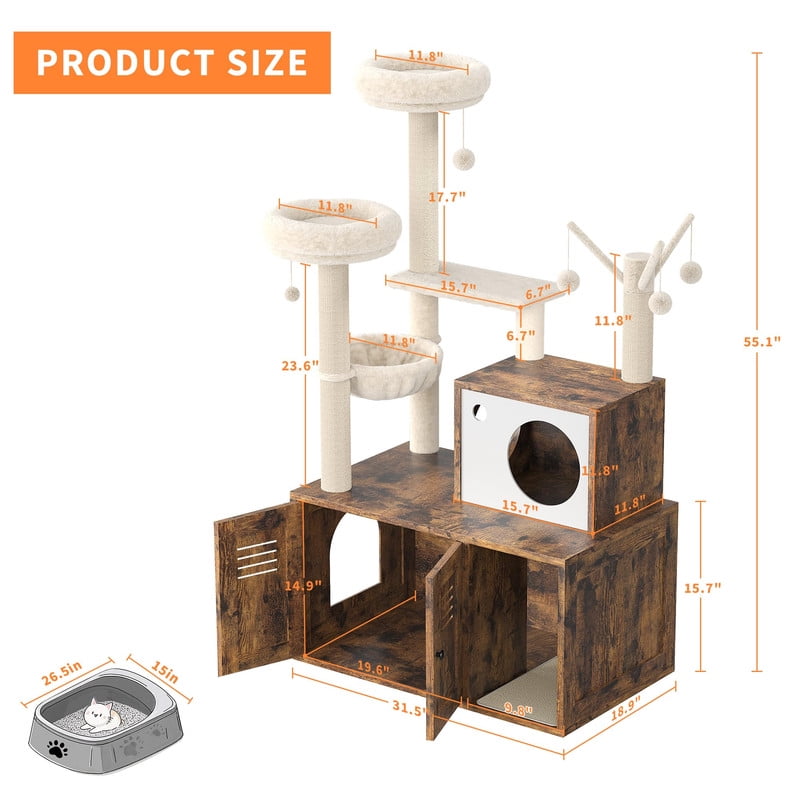 TROPOW Modern Cat Tree with Integrated Litter Box Enclosure - 55 Inch Multi-Level Cat Condo with Hammock, Scratching Posts & Toys - All-in-One Cat Furniture for Indoor Cats