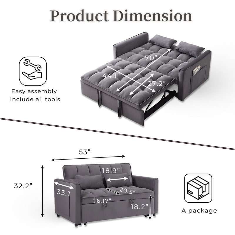 Gewnee 53 inch Convertible Sleeper Sofa Bed,Pull Out Loveseat Couch with Storage Pocket for Living Room,Apartment,Black02
