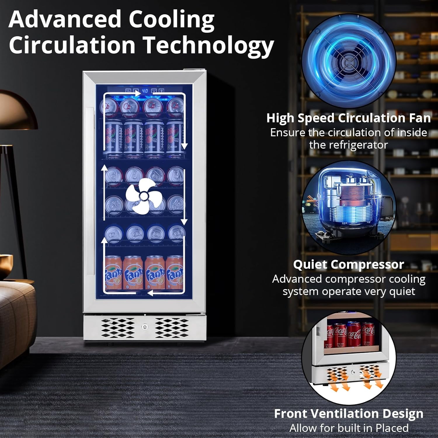 15 Inch Beverage Refrigerator, 96 Cans Stainless Steel Fridge with Double-Layer Tempered Glass Door, Freestanding & Built-In Wine Cooler, Safety Lock for Home, Office, Bar