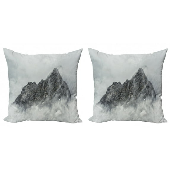 Ambesonne Nature Throw Pillow Cover 2 Pack, Foggy Mountain Peak, 24", White Grey