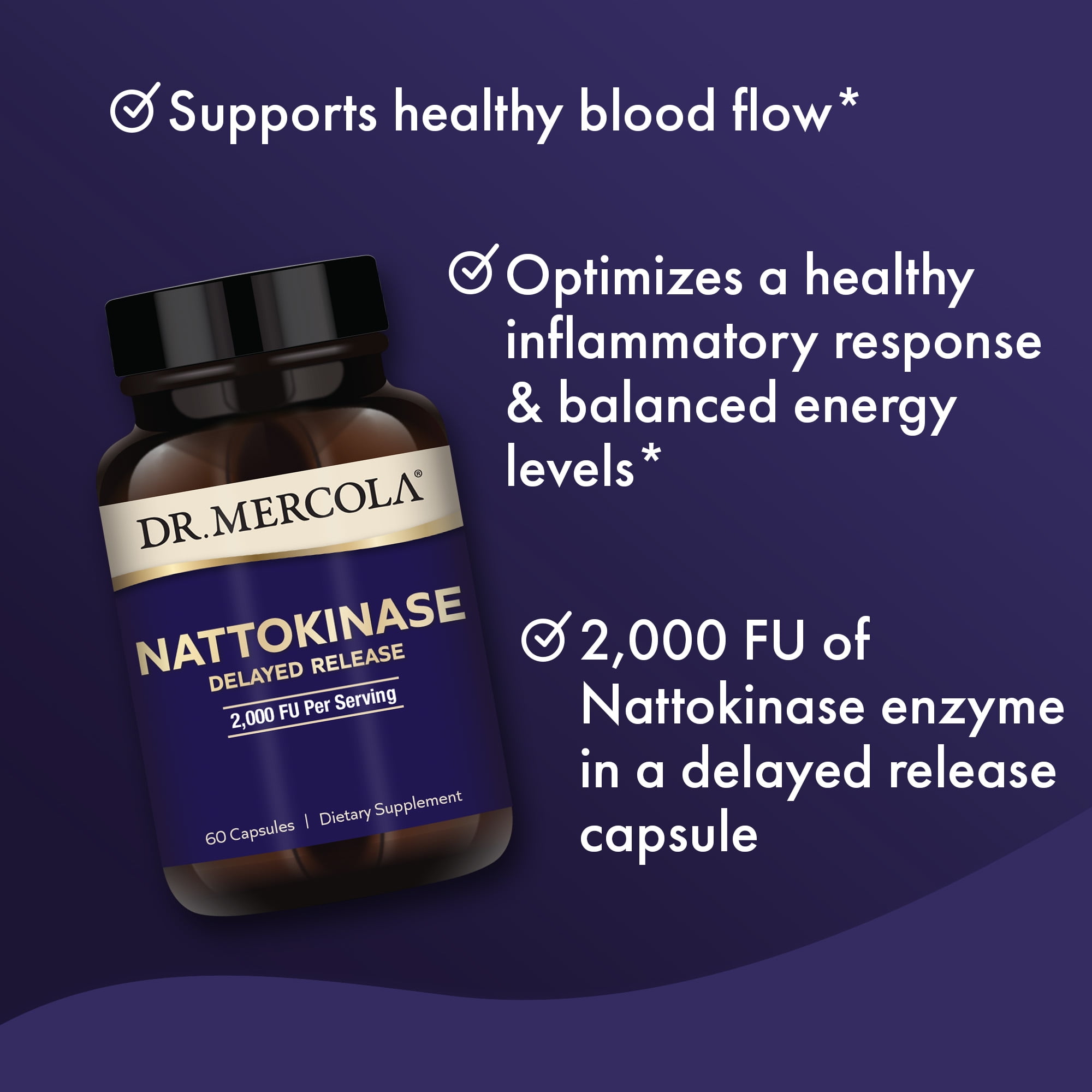 Dr. Mercola Nattokinase Delayed Release, 2,000 FU Per Serving, Dietary Supplement, Delayed Release, Proteolytic Enzyme, Non-GMO - 60 Servings (60 Tablets)