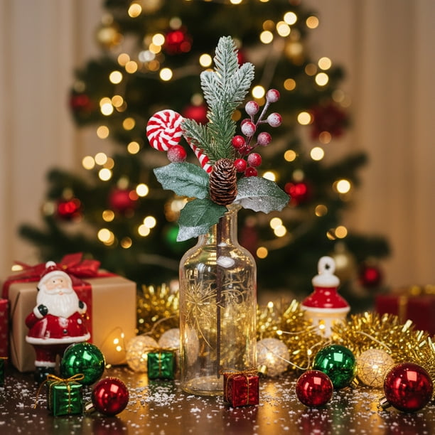 Adornos navideños | Ramas artificiales de frutos rojos para decorar mesas y árboles festivos | Juego de 3 piezas de vegetación de PVC con hojas flexibles