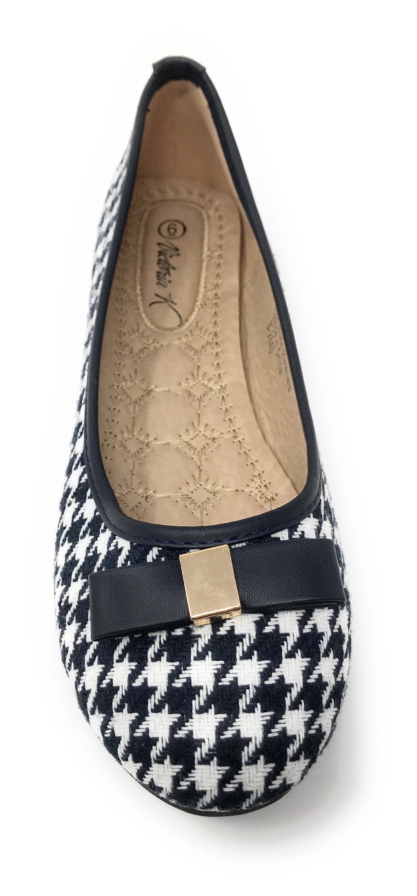Victoria K Women's Houndstooth Print Gold Emblem Solid Color Bow Ballerina Flats
