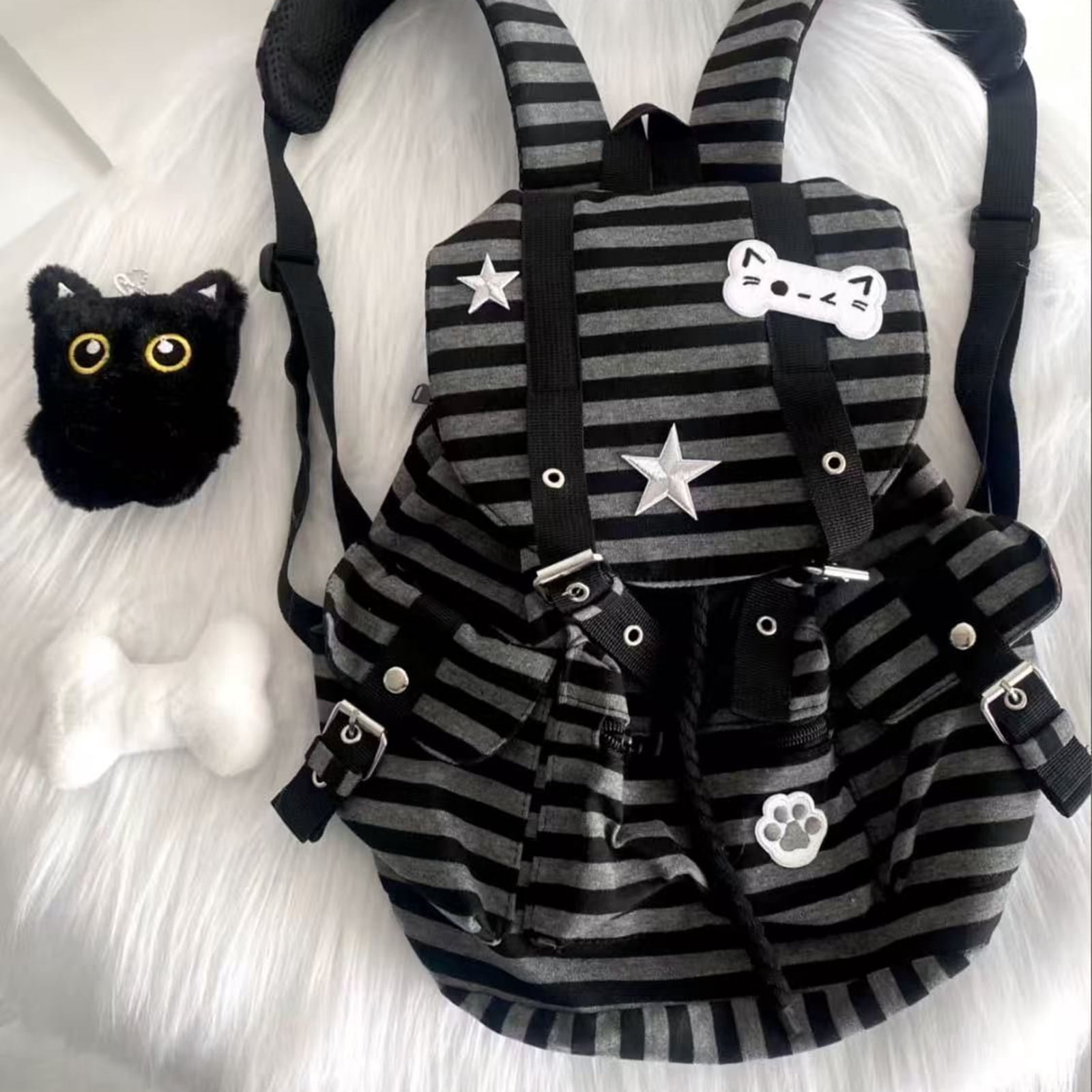 HUISZJ Striped Backpack, Large Capacity Vintage Stripe Bookbag, Multi-Pocket Cute Cat Rucksack for Travel Work School (Black)