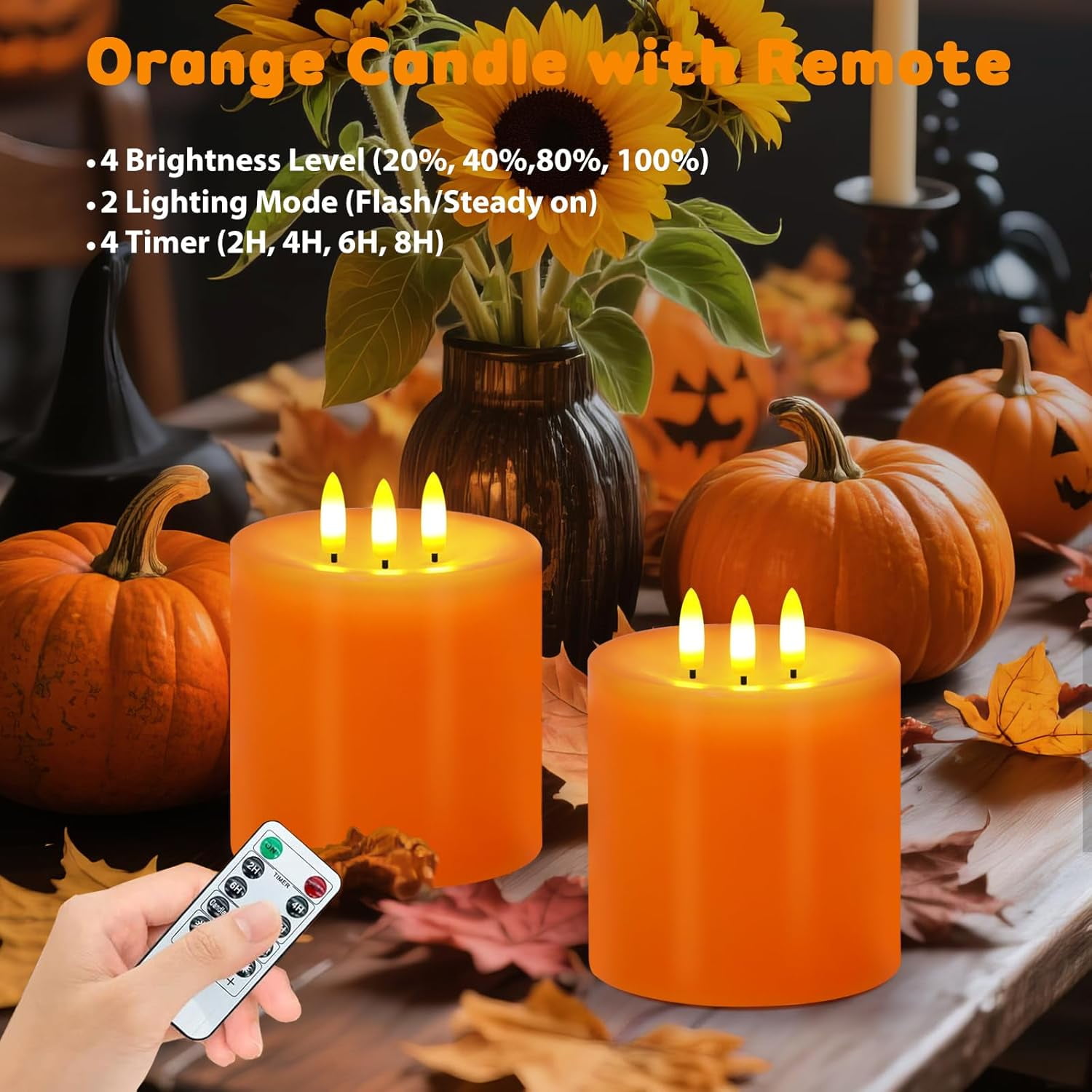 3 Wick Flameless Candles Set of 2, 4"x4" Flickering Large LED Candles with Remote & Timer, Dimmable Real Wax Pillar Candles Battery Operated, Orange Candles for Fall Thanksgiving Halloween Decor