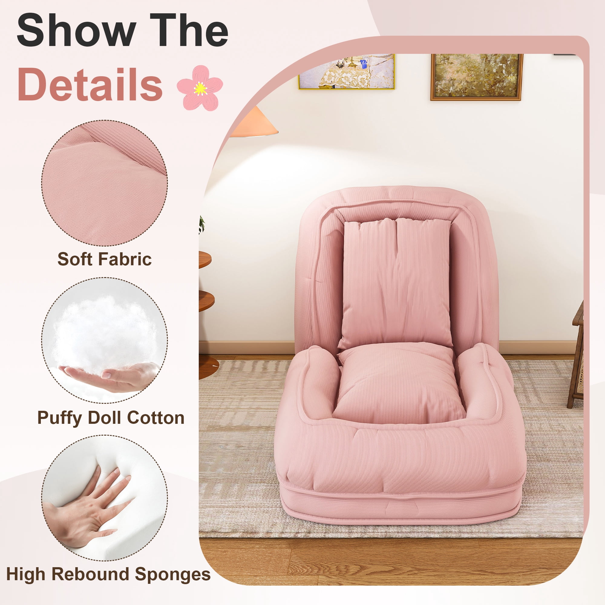 Jopath Foldable Lazy Sofa Bed with 2 Soft Pillows,Human Dog Bed with 5 Adjustable Position for Bedroom Living Room Reading Corner(Pink)