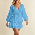 thumbnail image 5 of Women's V Neck Puff Long Sleeve Tiered Ruffle Mini Dress, Solid Elastic Waist Flowy Chiffon Summer Swing Short Dress Blue S(S), 5 of 5