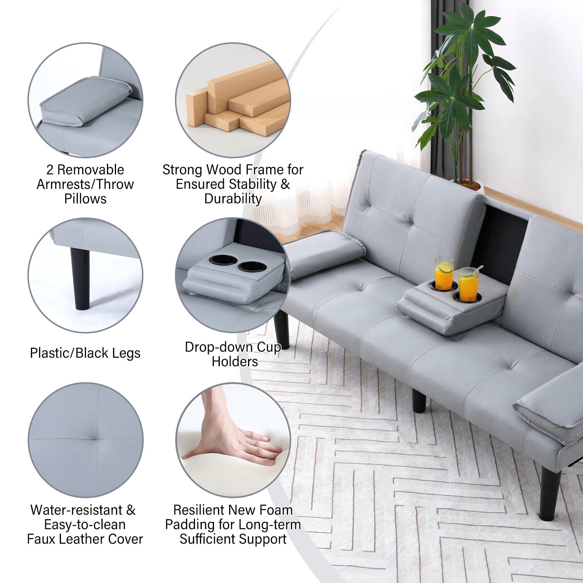 CARZZI LIFE Futon Sofa Bed PU Leather Modern Convertible Futon Couch with Removable Armrests, Cup Holders, Loveseat Sleeper Sofa Bed for Living Room, Apartment, Small Spaces (Light Gray)