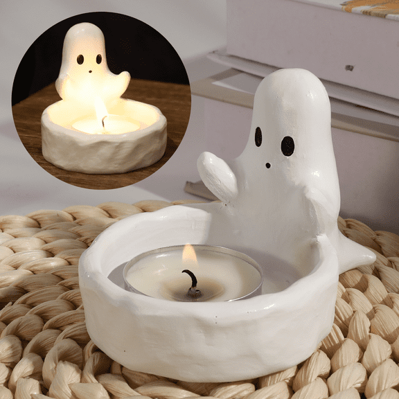 GOBWCOT Cartoon Ghost Candle Holder, Candle Holder with Little Ghost, Plaster Candle Holder Decor, Cute Ghost Scented Candle Holder, Home and Office Decor, Gift for Girl Women Halloween, White
