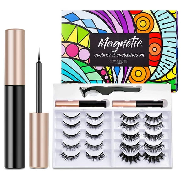 Magnetic Eyelashes with Eyeliner Kit,10 Pairs Natural Look False Lashes with Applicator - Easy to Apply and No Glue Needed, 3D & 5D Reusable Short and Long Eyelashes Set