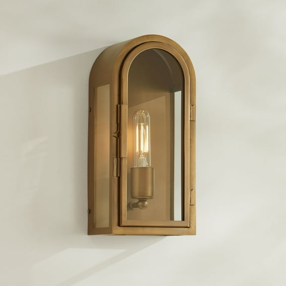Possini Euro Design Alys 13" High Industrial Outdoor Wall Light Fixture Mount Porch House Weatherproof Gold Aged Brass Finish