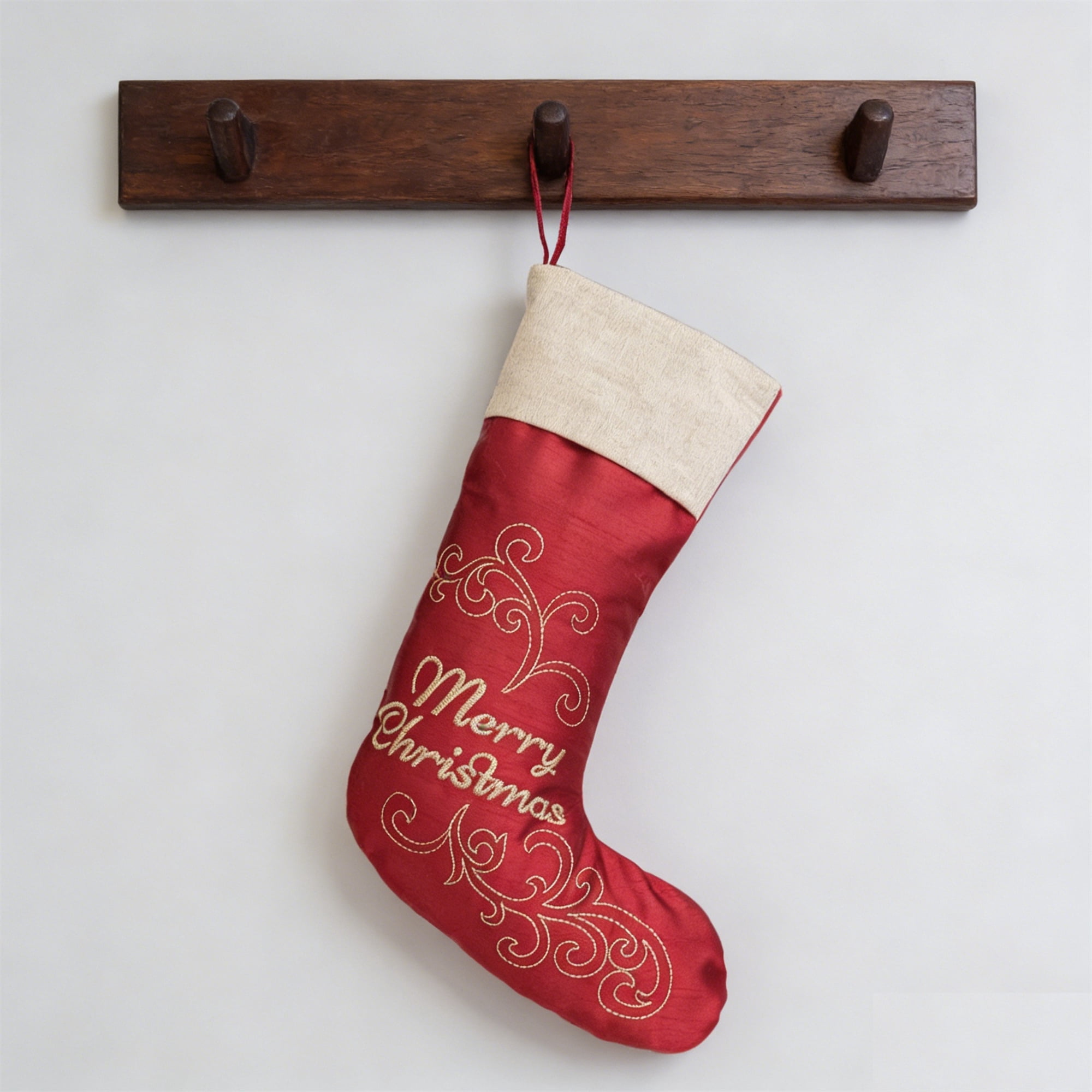 20 in. Red Polyester Merry Christmas Stocking with Stitched Accents