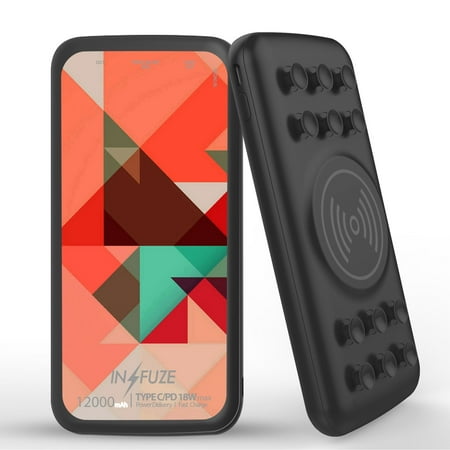 

INFUZE Qi Wireless Portable Charger for Samsung Galaxy A12 External Battery (12000 mAh 18W Power Delivery USB-C/USB-A 3.0 Ports Suction Cups) with Touch Tool - Red Abstract Shapes